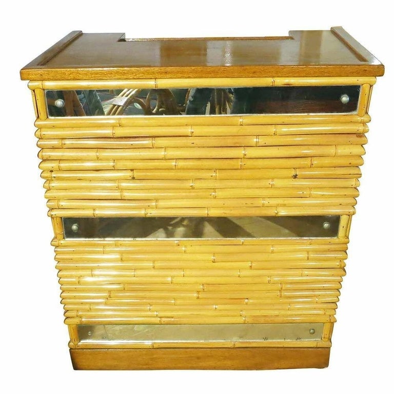 Restored Mirror Front Stacked Rattan Bar & Mahogany Top, 1940 - 3
