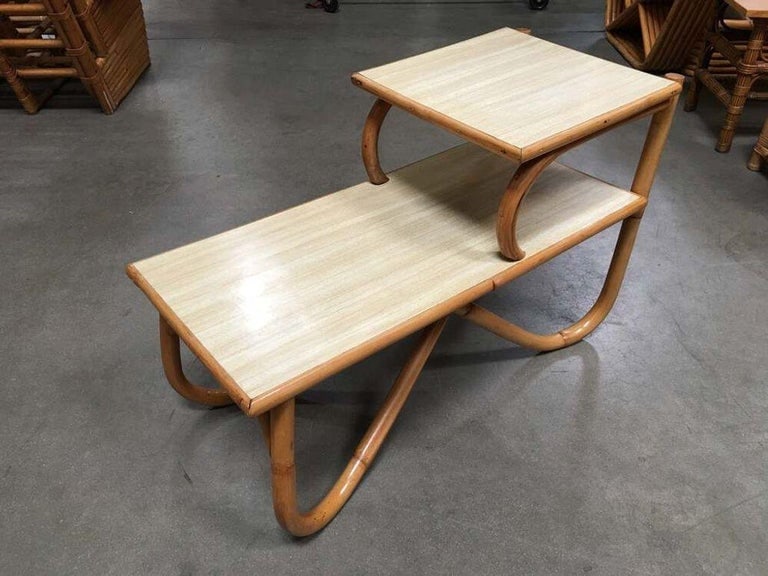 Restored Arch Leg Two-Tier Rattan Side Lamp Table - 11