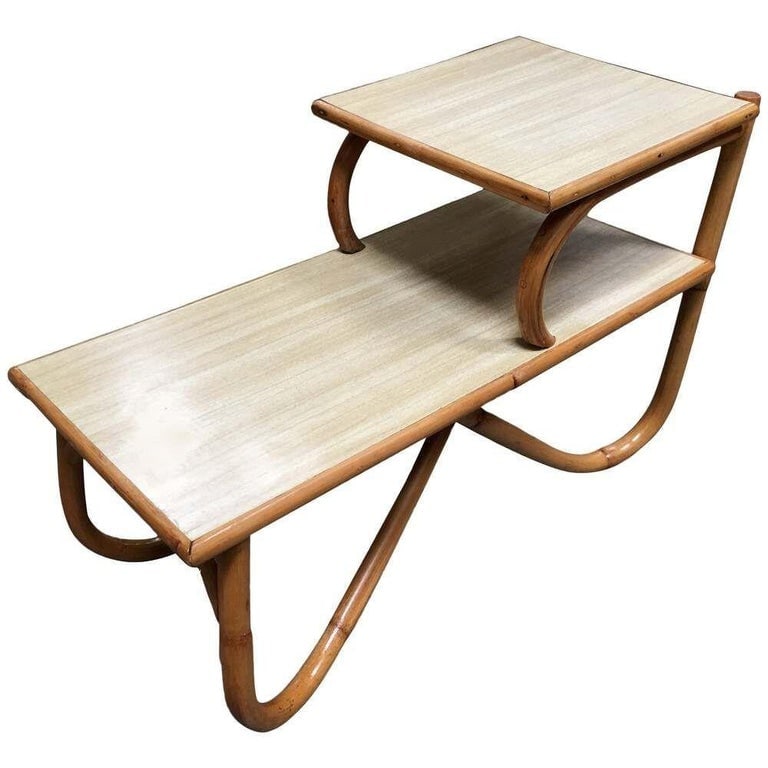 Restored Arch Leg Two-Tier Rattan Side Lamp Table - 4