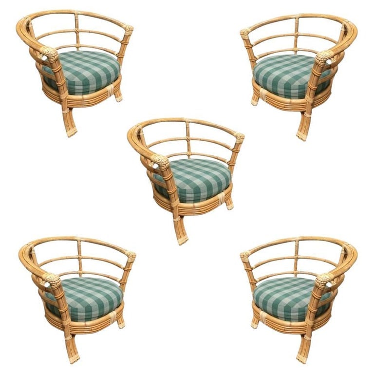 Restored Rattan Barrel Armchair w/ Skeleton Arms, Set of 5: Set of 5 Mid-Century two-strand rattan barrel back armchairs/dining chairs with skeleton arms and flannel padded seats. 1950, United States We only purchase and sell the best and finest rattan