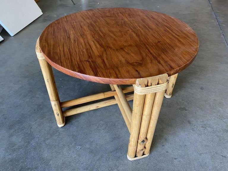 Restored Circular Rattan Side Coffee Table With Koa Wood Top - 10