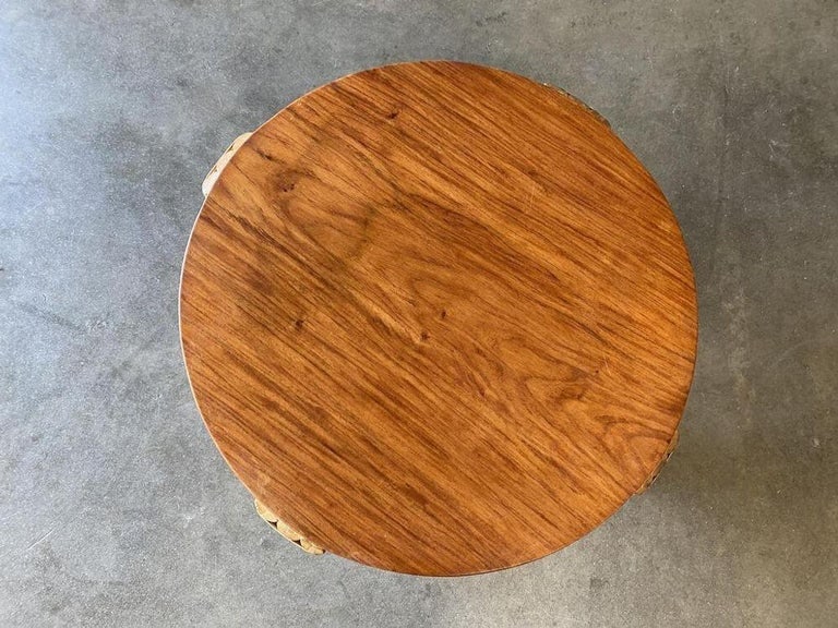 Restored Circular Rattan Side Coffee Table With Koa Wood Top - 11