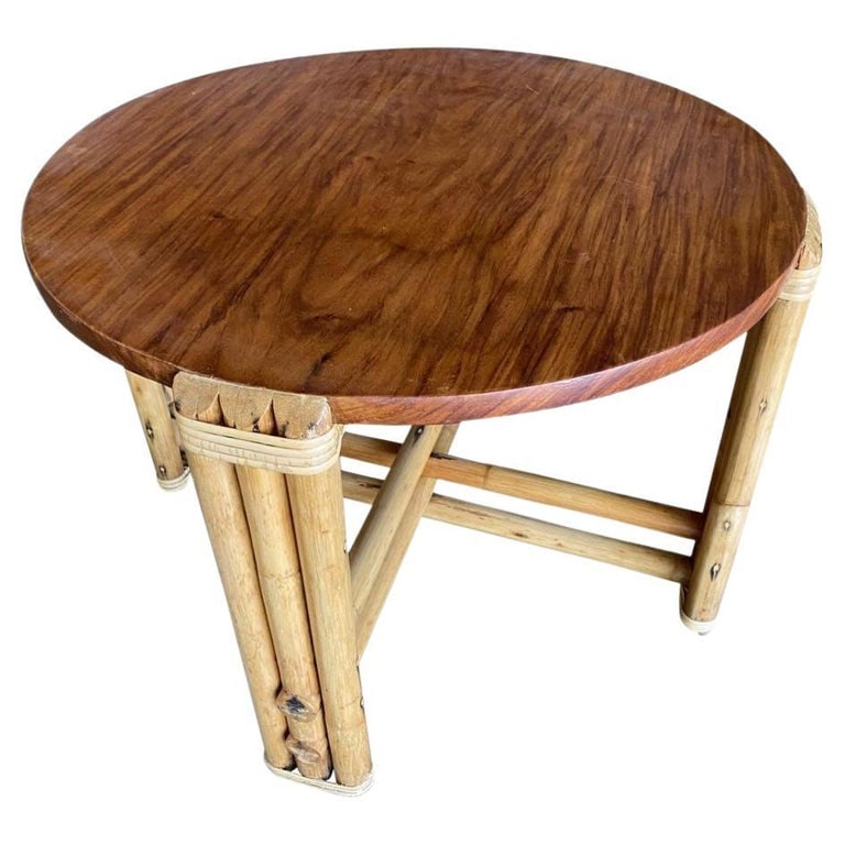 Restored Circular Rattan Side Coffee Table With Koa Wood Top (1 of 11)