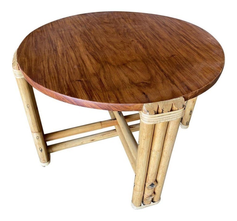 Restored Circular Rattan Side Coffee Table With Koa Wood Top - 3