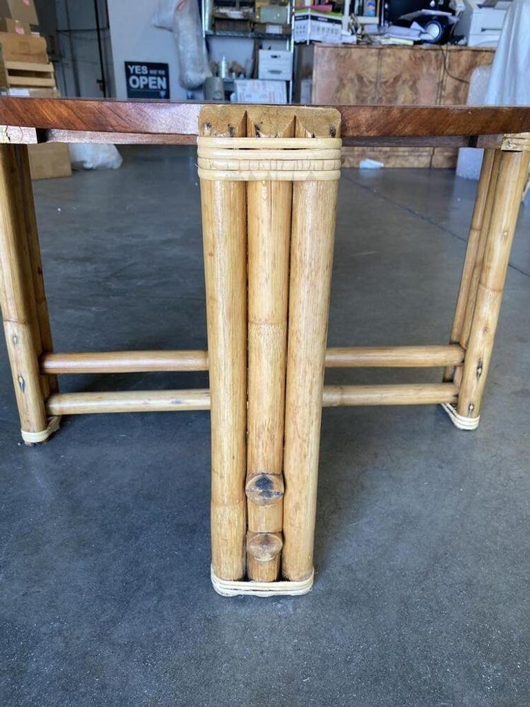 Restored Circular Rattan Side Coffee Table With Koa Wood Top - 4