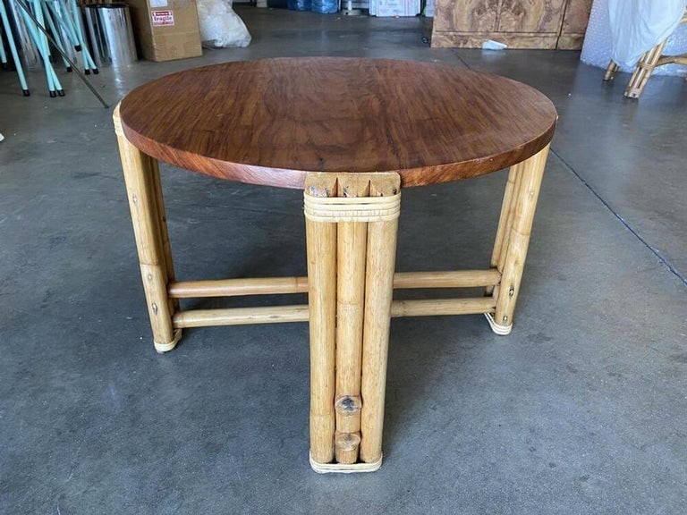 Restored Circular Rattan Side Coffee Table With Koa Wood Top - 5