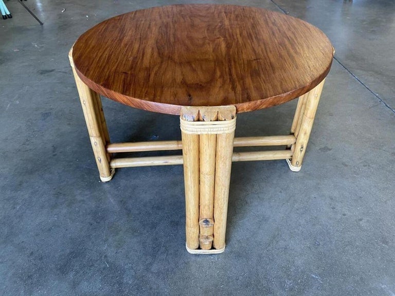 Restored Circular Rattan Side Coffee Table With Koa Wood Top - 6