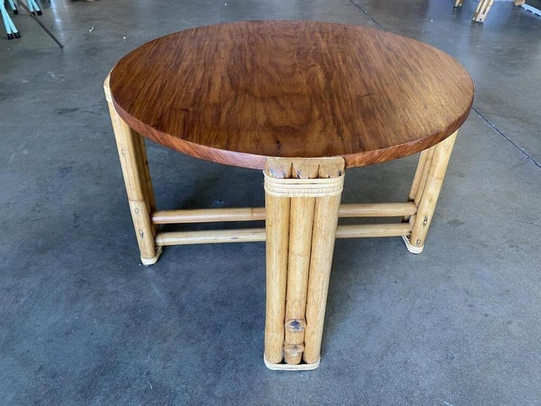 Restored Circular Rattan Side Coffee Table With Koa Wood Top - 8