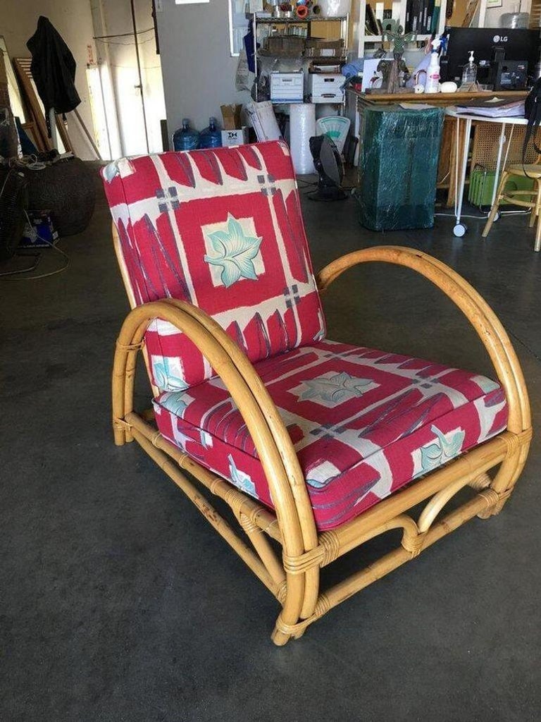 Restored Arch Deluxe Rattan Lounge Chair with Bark Cloth Cushions - 5