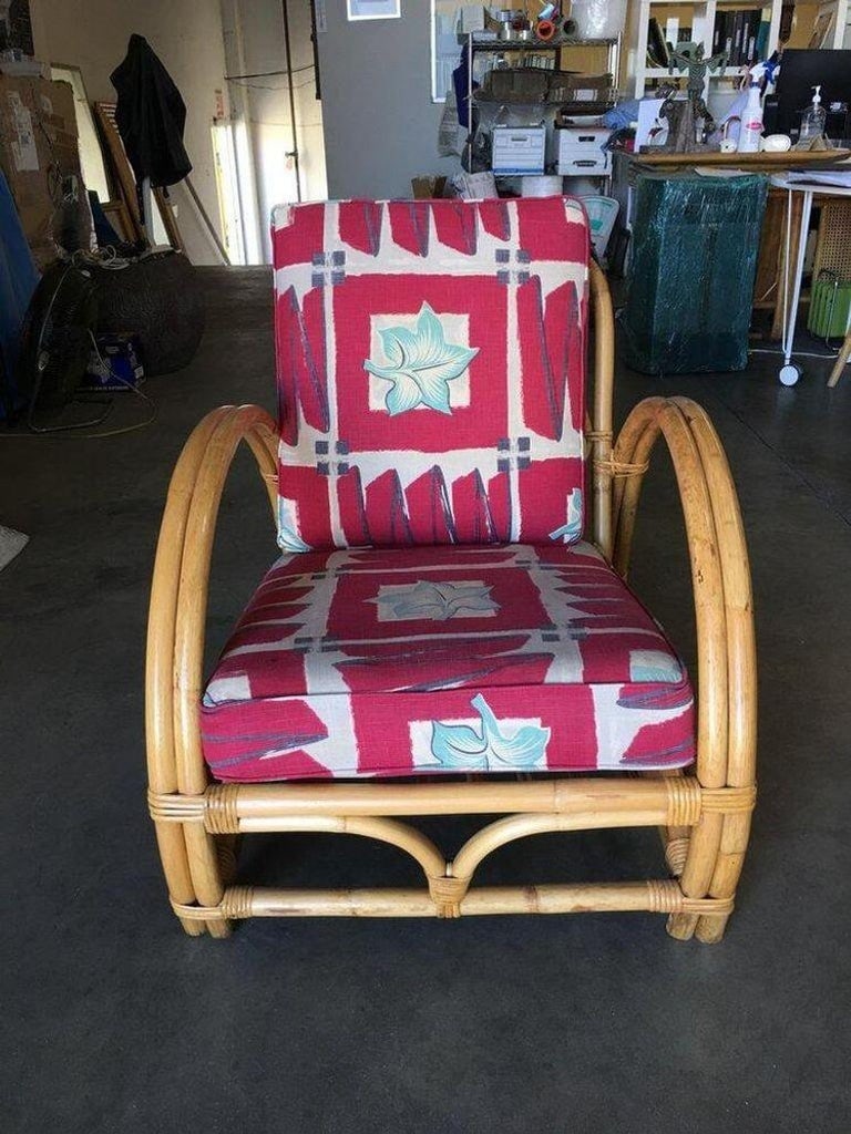 Restored Arch Deluxe Rattan Lounge Chair with Bark Cloth Cushions - 6