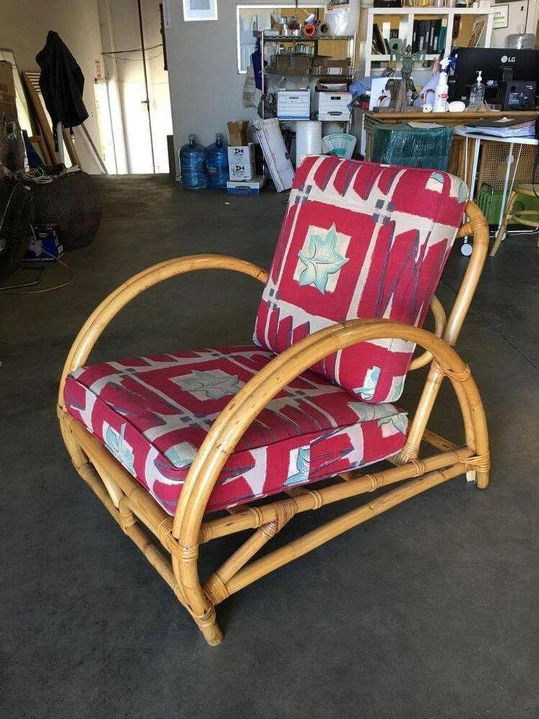 Restored Arch Deluxe Rattan Lounge Chair with Bark Cloth Cushions - 7