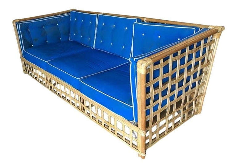Restored Milo Baughman Style Stick Reed Rattan Cubists Sofa - 4