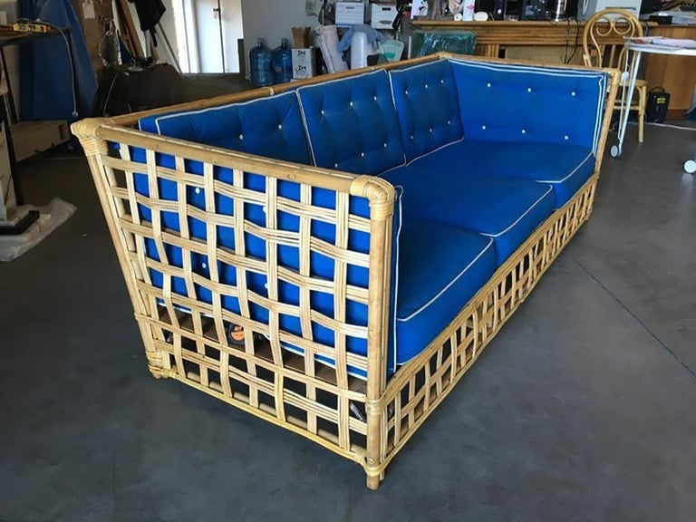 Restored Milo Baughman Style Stick Reed Rattan Cubists Sofa - 5