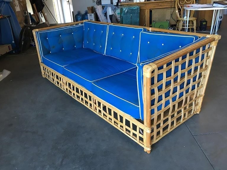 Restored Milo Baughman Style Stick Reed Rattan Cubists Sofa - 7