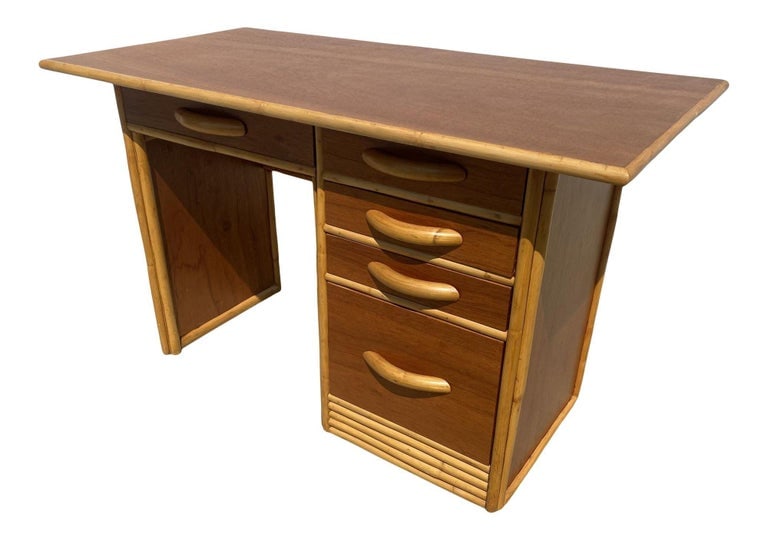 Restored Post-War Hawaiian Koa Wood Desk W/ Rattan Border - 4