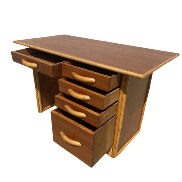 Restored Post-War Hawaiian Koa Wood Desk W/ Rattan Border - 5