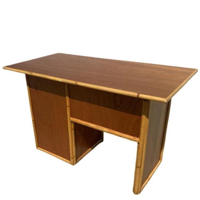 Restored Post-War Hawaiian Koa Wood Desk W/ Rattan Border - 6