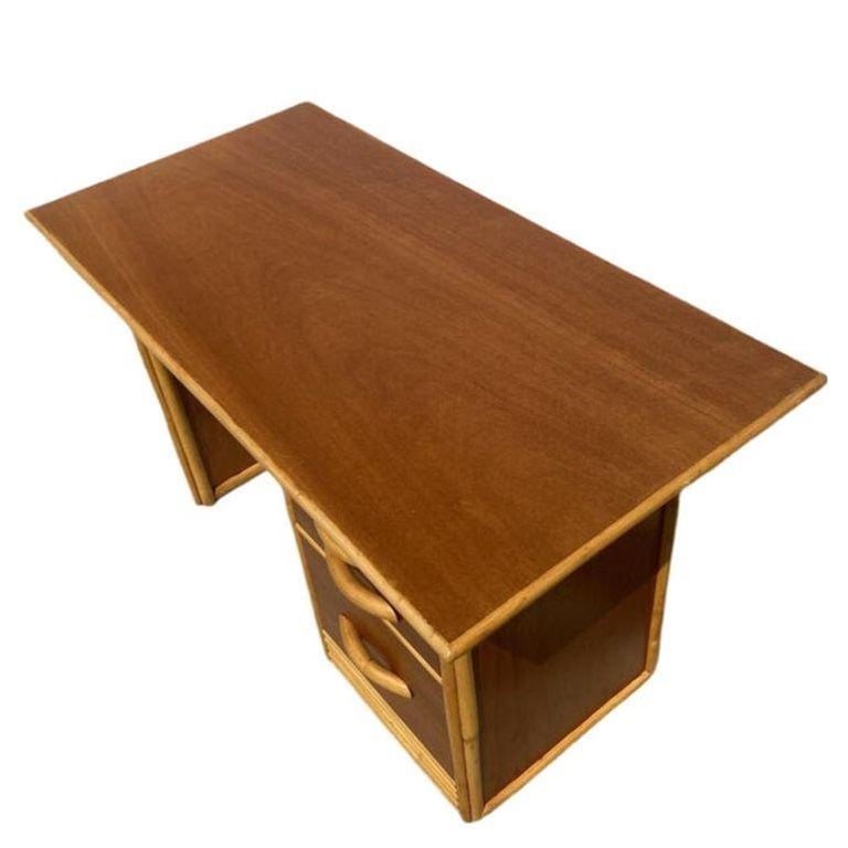 Restored Post-War Hawaiian Koa Wood Desk W/ Rattan Border - 7