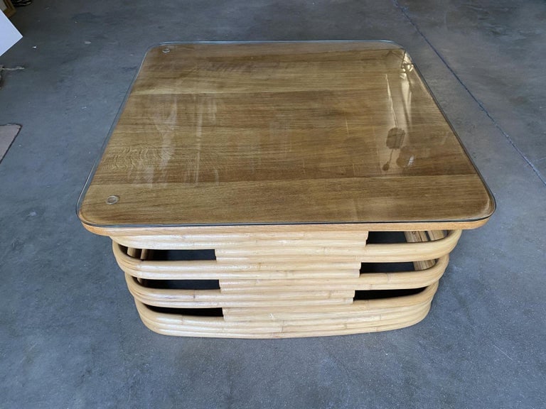 Restored Stacked Slat Rattan Coffee Table W/ Mahogany & Glass Top - 5