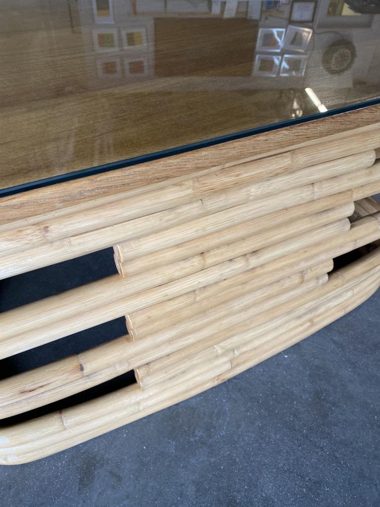 Restored Stacked Slat Rattan Coffee Table W/ Mahogany & Glass Top - 7