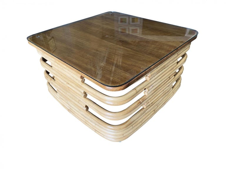 Restored Stacked Slat Rattan Coffee Table W/ Mahogany & Glass Top - 9