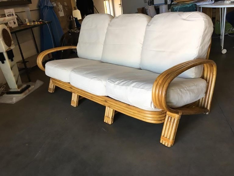 Restored Quad Pole "R" Arm 3 Seat Rattan Sofa - 5