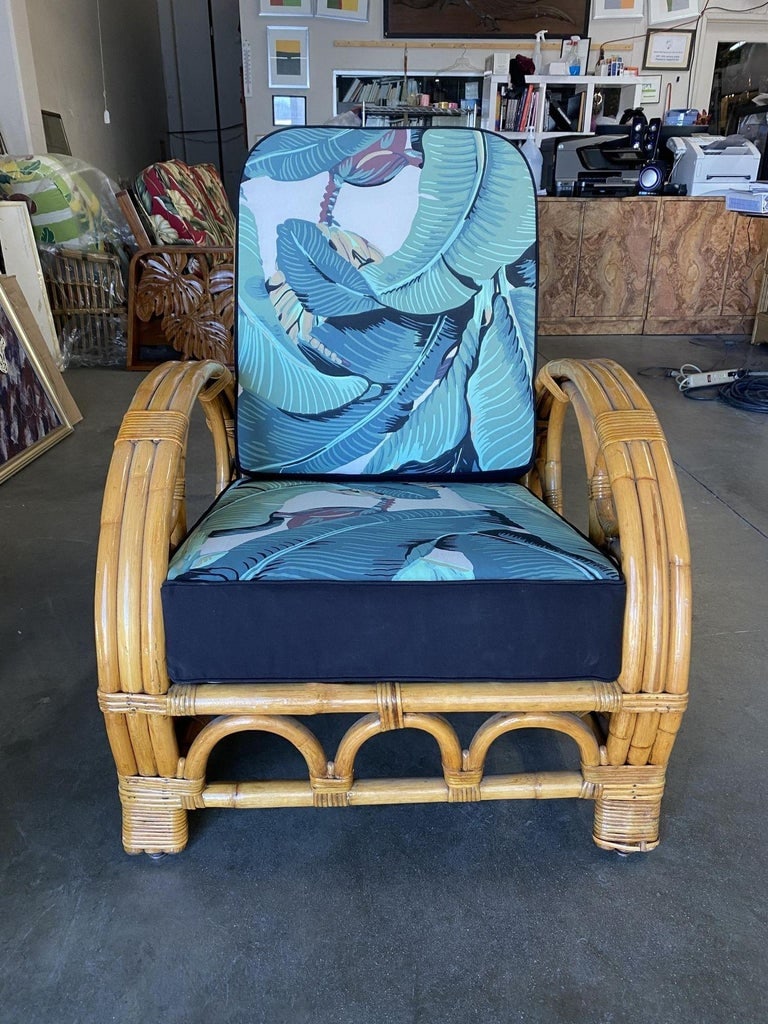Restored 3-Strand "Circles and Speed" Rattan Settee, Lounge Chair & Ottoman - 10