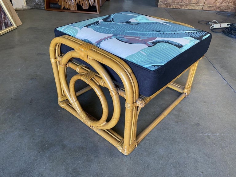 Restored 3-Strand "Circles and Speed" Rattan Settee, Lounge Chair & Ottoman - 11