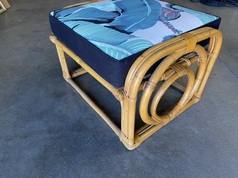Restored 3-Strand "Circles and Speed" Rattan Settee, Lounge Chair & Ottoman - 12