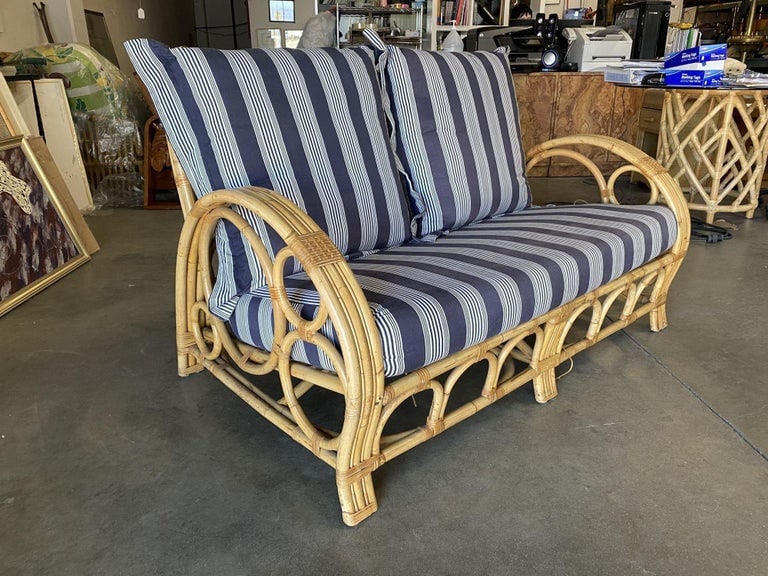 Restored 3-Strand "Circles and Speed" Rattan Settee, Lounge Chair & Ottoman - 13