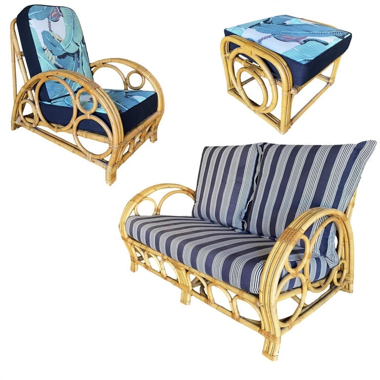 Restored 3-Strand "Circles and Speed" Rattan Settee, Lounge Chair & Ottoman - 14