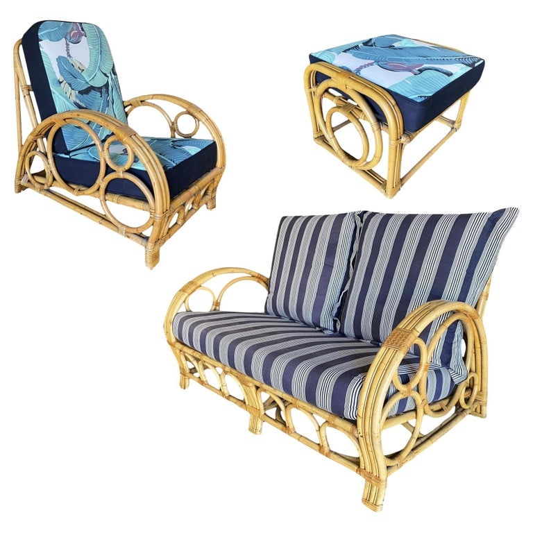 Restored 3-Strand "Circles and Speed" Rattan Settee, Lounge Chair & Ottoman - 2