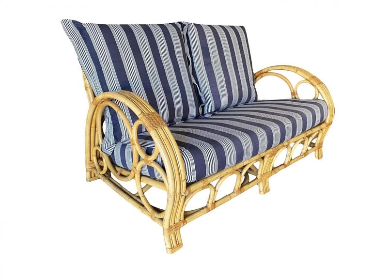 Restored 3-Strand "Circles and Speed" Rattan Settee, Lounge Chair & Ottoman - 3
