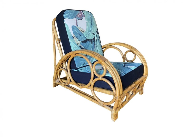 Restored 3-Strand "Circles and Speed" Rattan Settee, Lounge Chair & Ottoman - 4