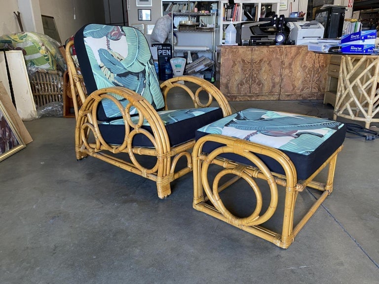 Restored 3-Strand "Circles and Speed" Rattan Settee, Lounge Chair & Ottoman - 6