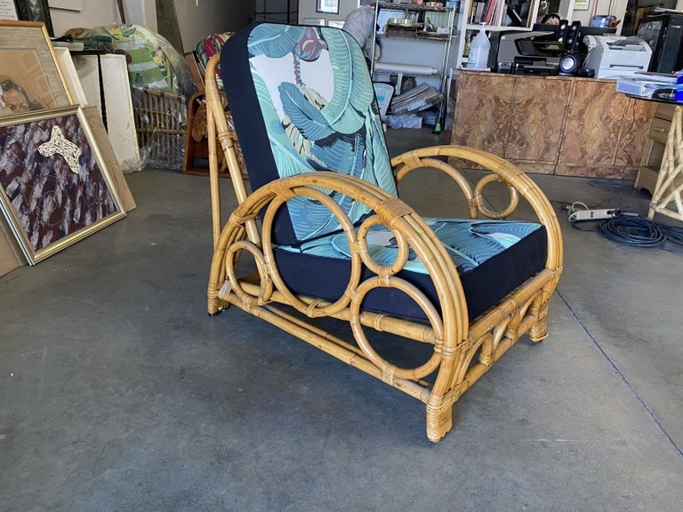 Restored 3-Strand "Circles and Speed" Rattan Settee, Lounge Chair & Ottoman - 7