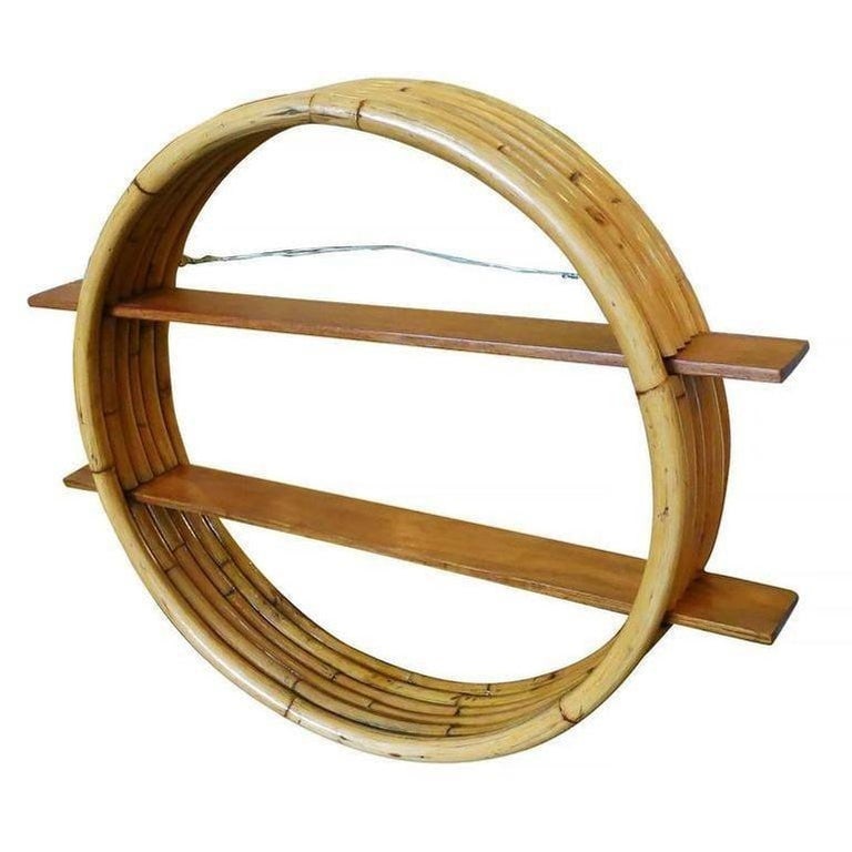 Restored Midcentury Circular Rattan Wall Shelf with Mahogany Slats - 10