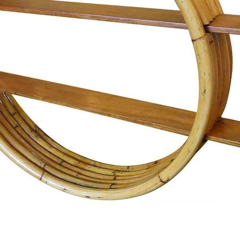 Restored Midcentury Circular Rattan Wall Shelf with Mahogany Slats - 3
