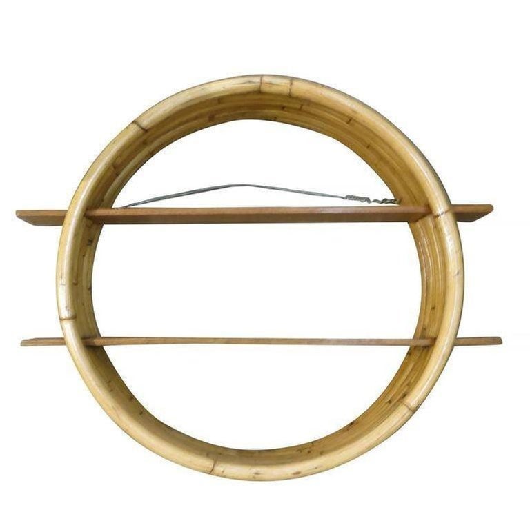 Restored Midcentury Circular Rattan Wall Shelf with Mahogany Slats - 4