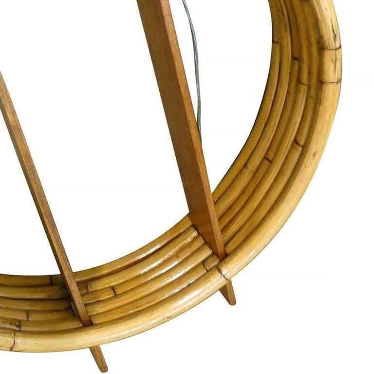 Restored Midcentury Circular Rattan Wall Shelf with Mahogany Slats - 7