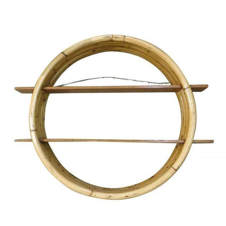 Restored Midcentury Circular Rattan Wall Shelf with Mahogany Slats - 8