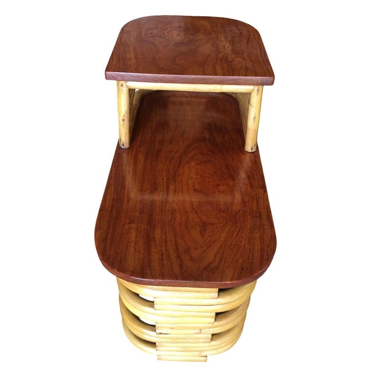 Restored Stacked Rattan Side Lamp Table w/ Mahogany - 4