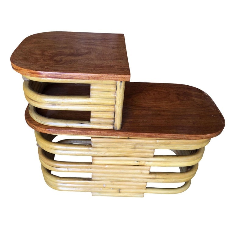 Restored Stacked Rattan Side Lamp Table w/ Mahogany - 7