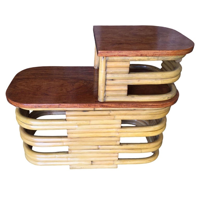 Restored Stacked Rattan Side Lamp Table w/ Mahogany - 9