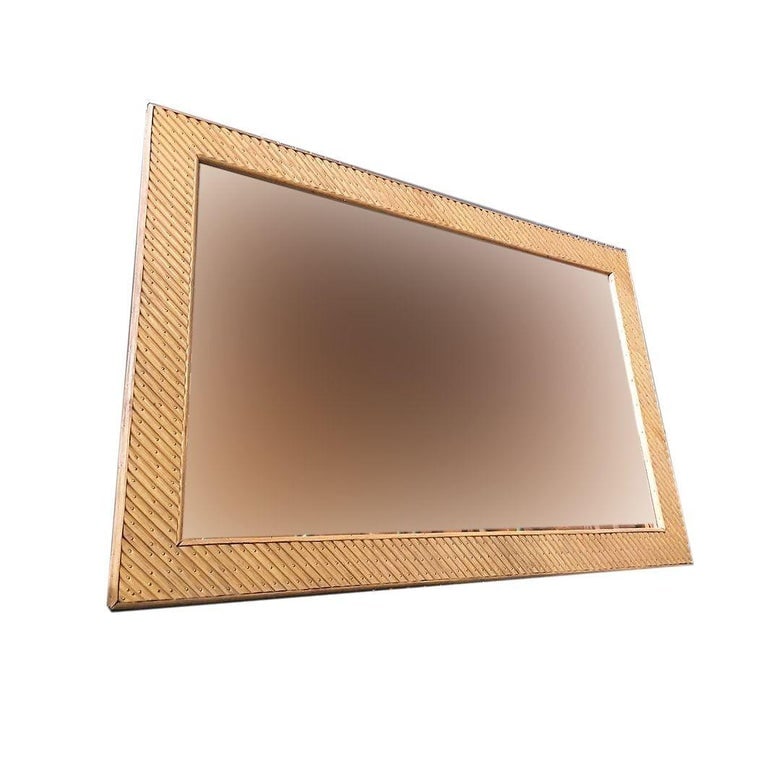 Restored Stick Rattan Rectangle Peach Glass Mirror with Nail Heads - 3