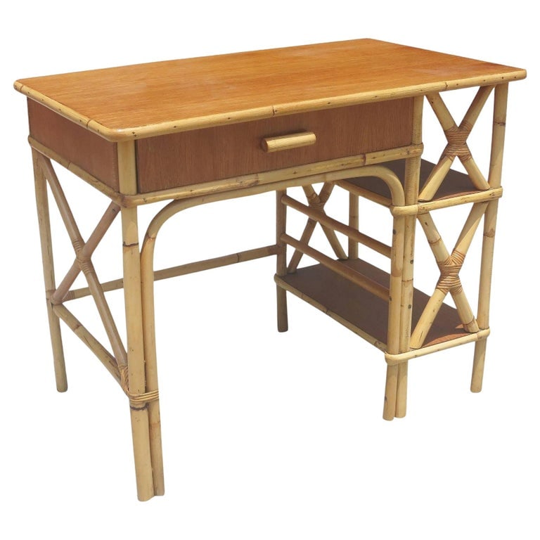 Restored Rattan and Mahogany Secretary Desk W/ Side Shelf - 2