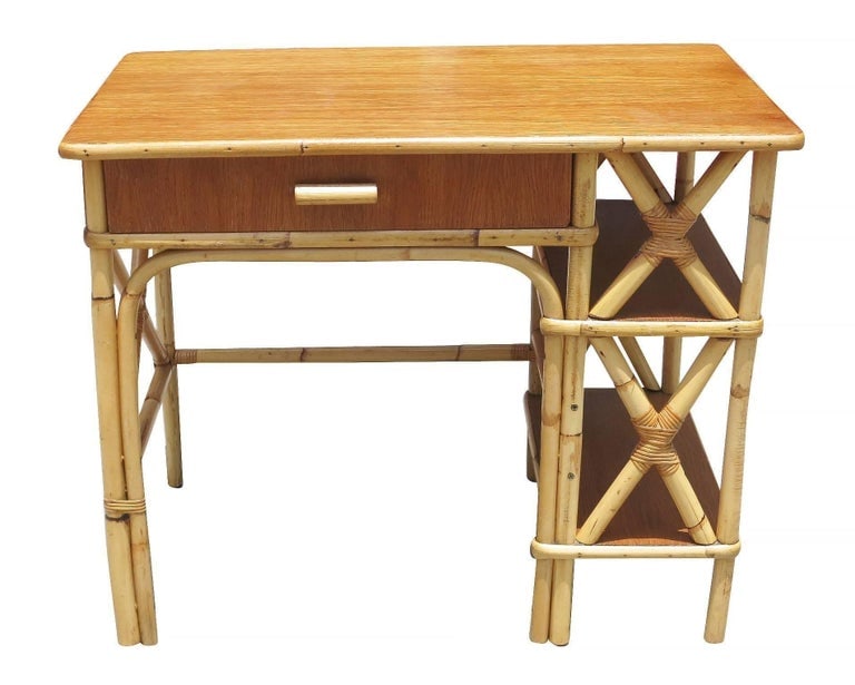 Restored Rattan and Mahogany Secretary Desk W/ Side Shelf - 3
