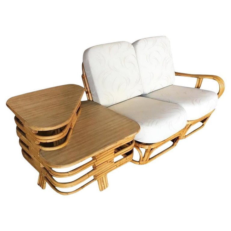 Restored 4-Strand Square Pretzel "S" Arm Rattan Sofa W/ 2 Tier Table (1 of 8)