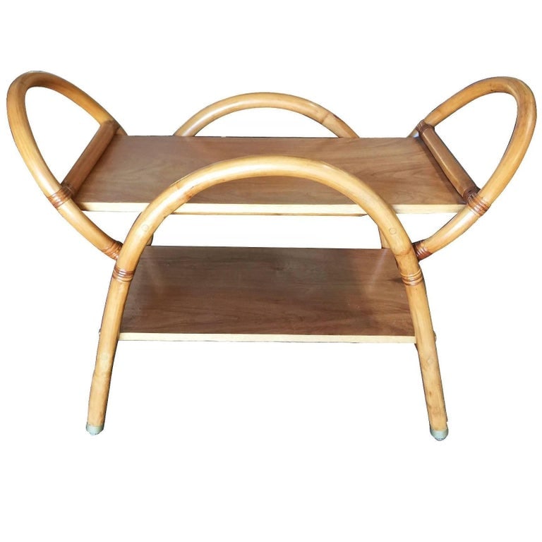 Restored Free-Form "Arches" Rattan Bar Cart W/ Mahogany Top - 11