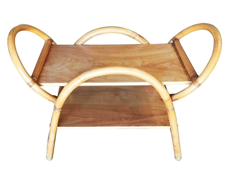 Restored Free-Form "Arches" Rattan Bar Cart W/ Mahogany Top - 4